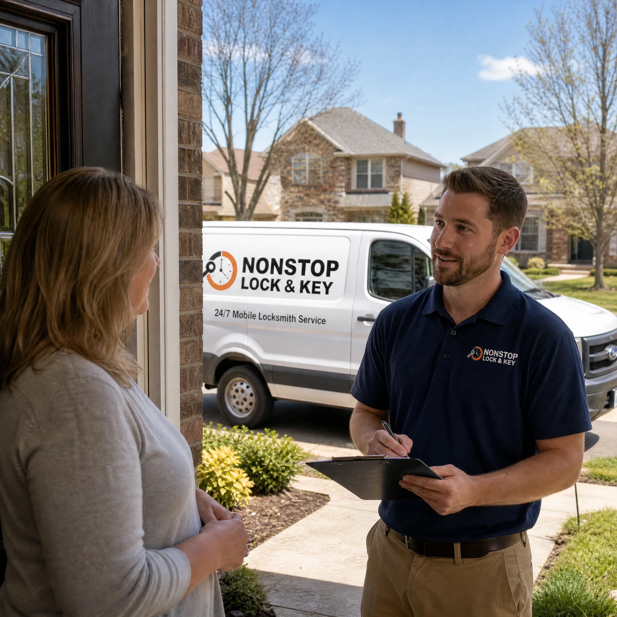 Nonstop Lock & Key mobile locksmith technician arriving at a customer's home in St. Louis, MO